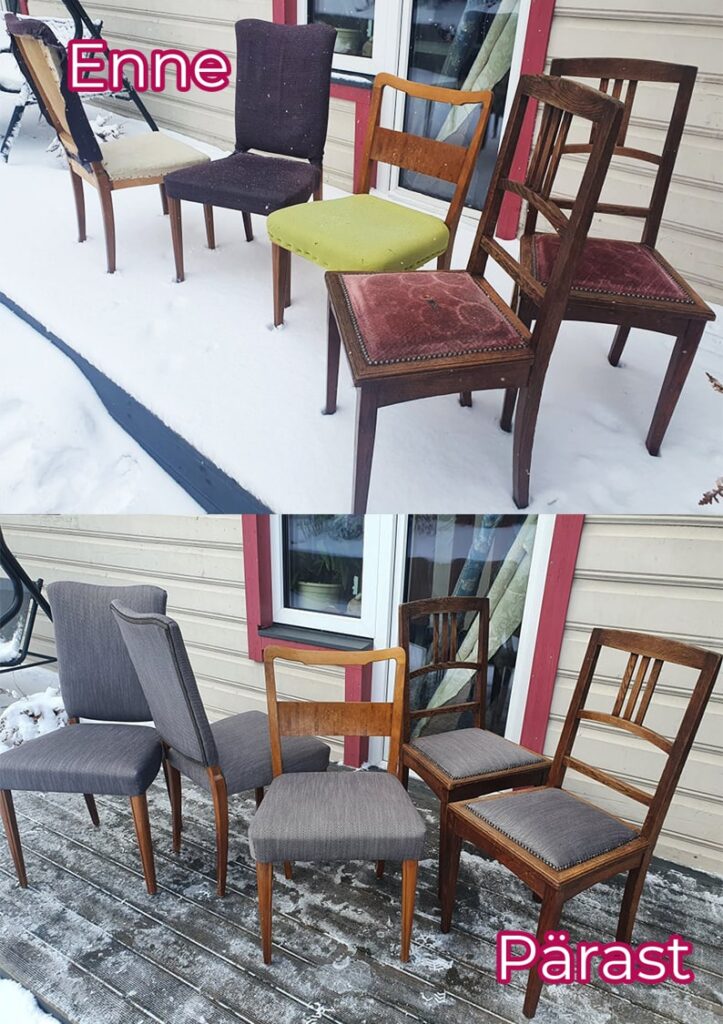 Erinevad toolid, uus polster ja katteriie.